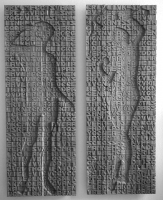 Lothar Rumold: Adam und Eva nach Lukas Cranach d. Ä., 2003, Doppel-Relief, Eiche, je 190 x 70 cm